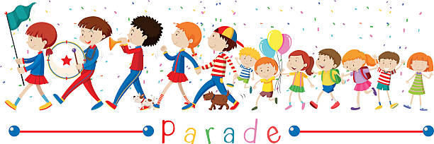 Children and the band in the parade illustration