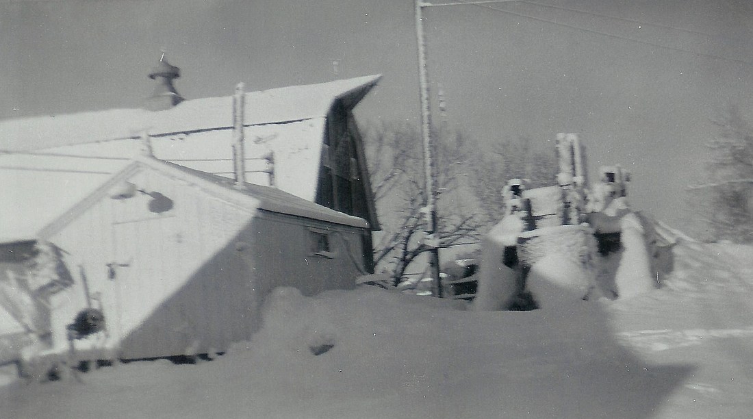 #78=Kiester farm, February 1959, W towards shop &amp; barn